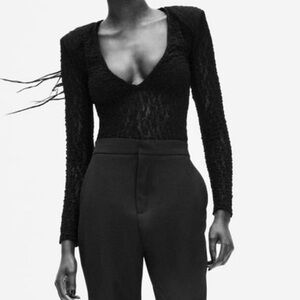 Zara black lace bodysuit with shoulder pads